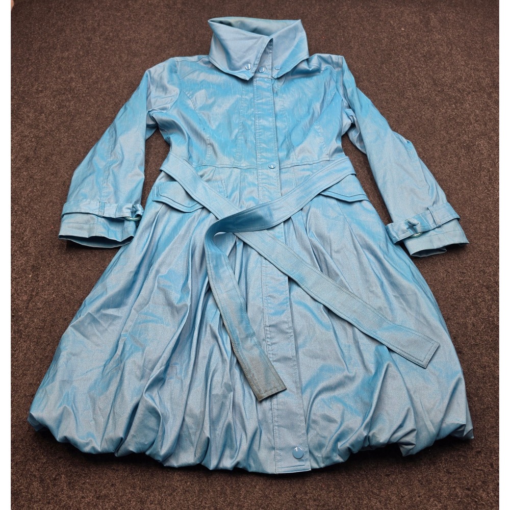 Samuel Dong Trench Coat Womens XL Light Blue Bubble Hem Belted Avant-Garde